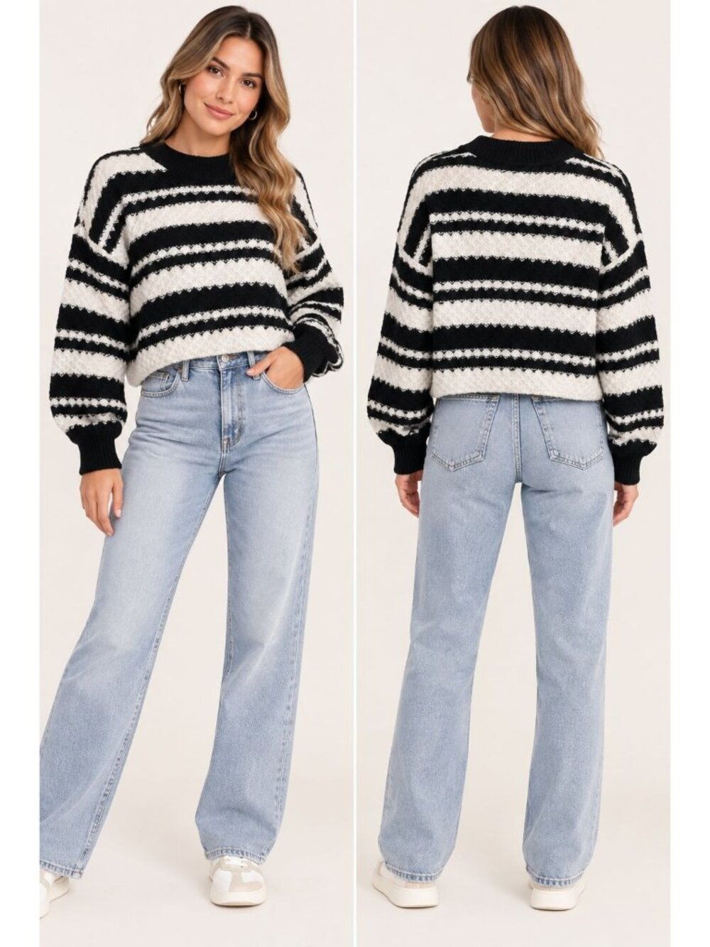 Jessica Simpson Womens Black & White Textured Striped Sweater Size Large